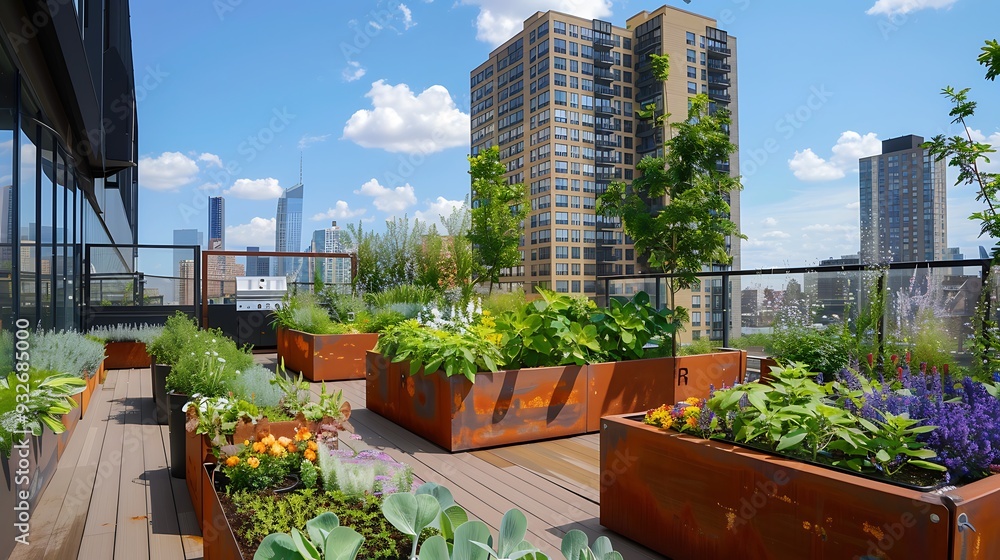 urban rooftop garden with colorful flowers and lush greenery, showcasing a stunning view of the city skyline.