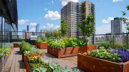 Obraz na płótnie urban rooftop garden with colorful flowers and lush greenery, showcasing a stunning view of the city skyline. w salonie