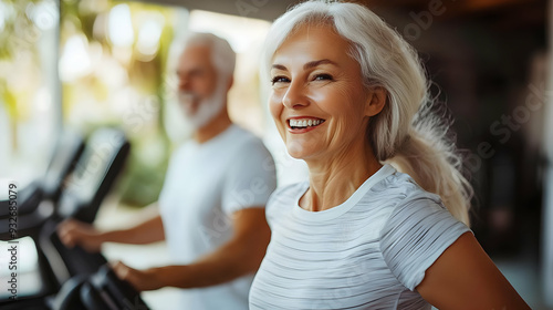 Elderly couple exercising t...