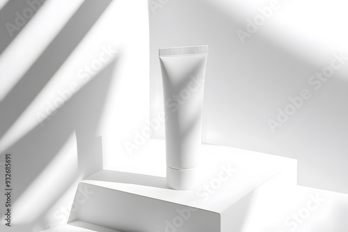 A sleek white tube stands prominently on a bright surface, illuminated by gentle shadows and contrasting light photo