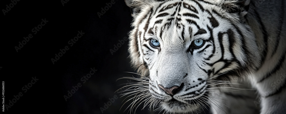 Obraz premium A white tiger with blue eyes is staring at the camera