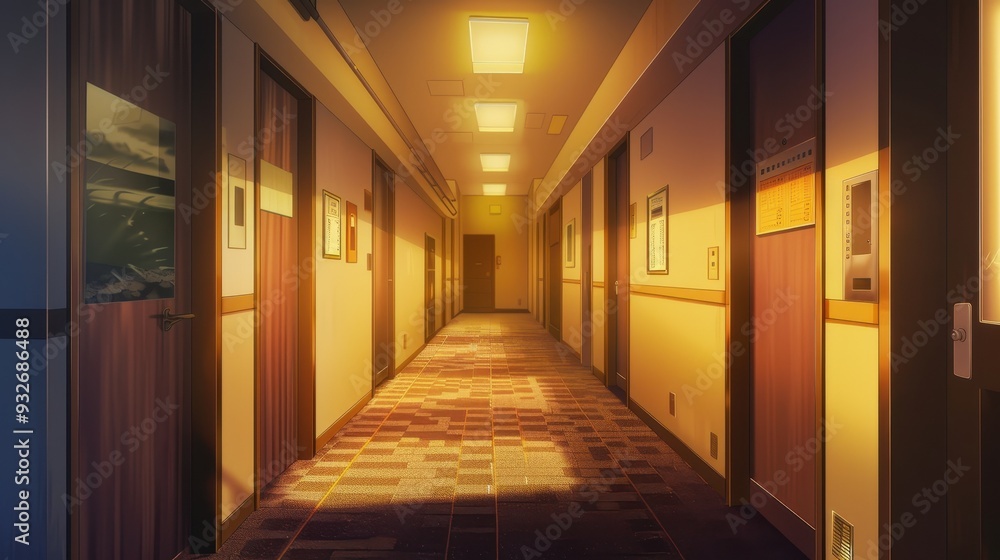 The hallway of an anime hotel is softly lit, creating a warm ambiance with wooden doors and inviting carpeted flooring The hallway of an anime hotel is softly lit, creating a warm ambiance with wooden doors and inviting carpeted flooring