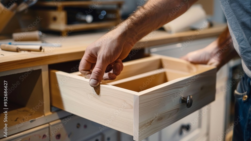 Man's hand opening a wooden drawer. Man's hand opening a wooden drawer.