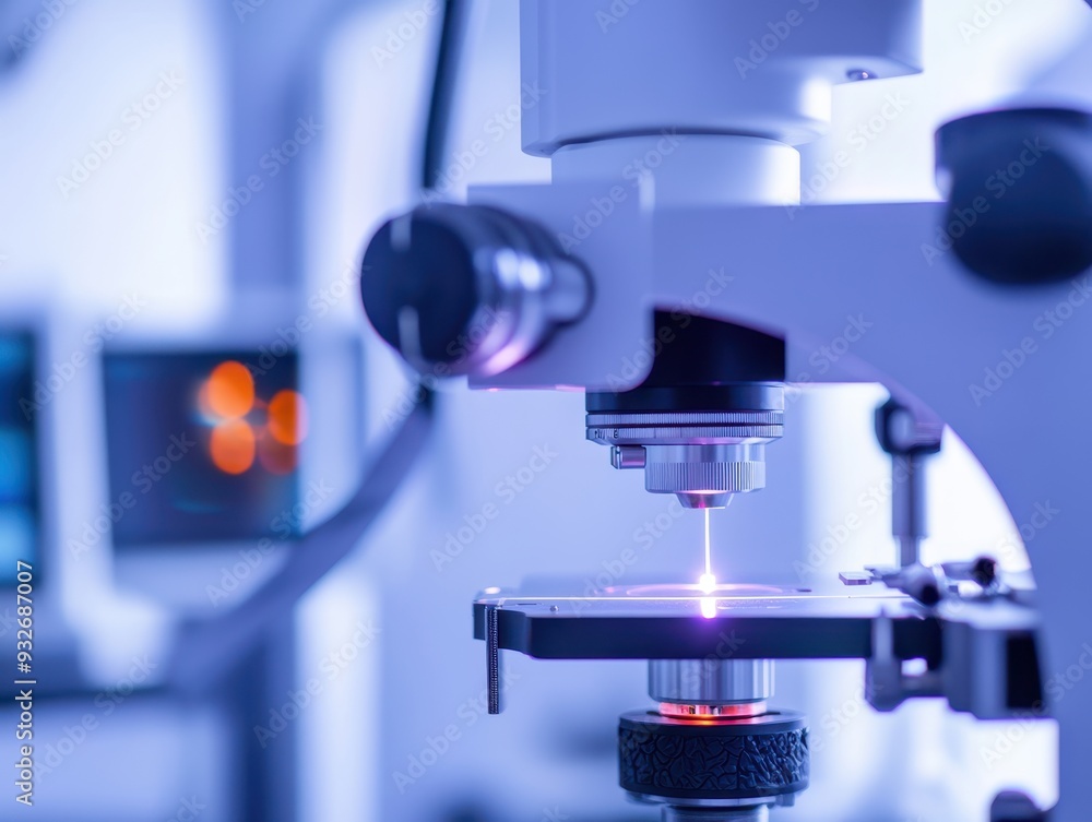 Close-up of a microscope in a laboratory, showcasing advanced technology and precision in scientific research.