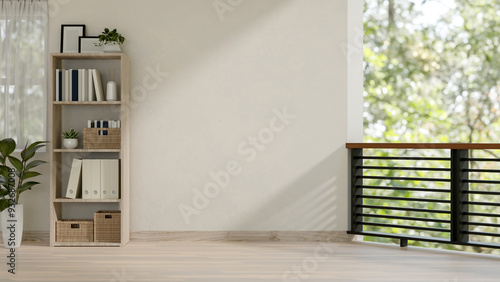 Fototapeta Naklejka Na Ścianę i Meble -  An empty white wall and space for displaying products on a contemporary balcony, with natural light.