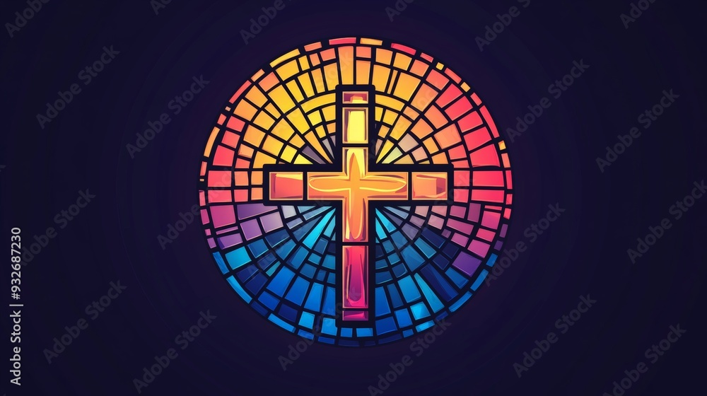 custom made wallpaper toronto digitalVector logo of a circle, stained glass with a cross in the center, bright colors, modern, simple.