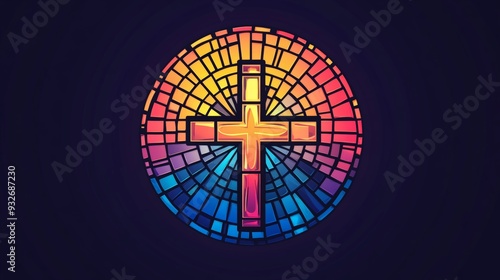 Vector logo of a circle, stained glass with a cross in the center, bright colors, modern, simple.