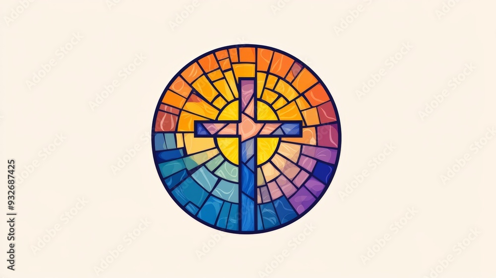 custom made wallpaper toronto digitalVector logo of a circle, stained glass with a cross in the center, bright colors, modern, simple.