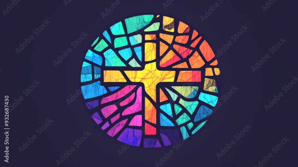 Vector logo of a circle, stained glass with a cross in the center, bright colors, modern, simple. Vector logo of a circle, stained glass with a cross in the center, bright colors, modern, simple.