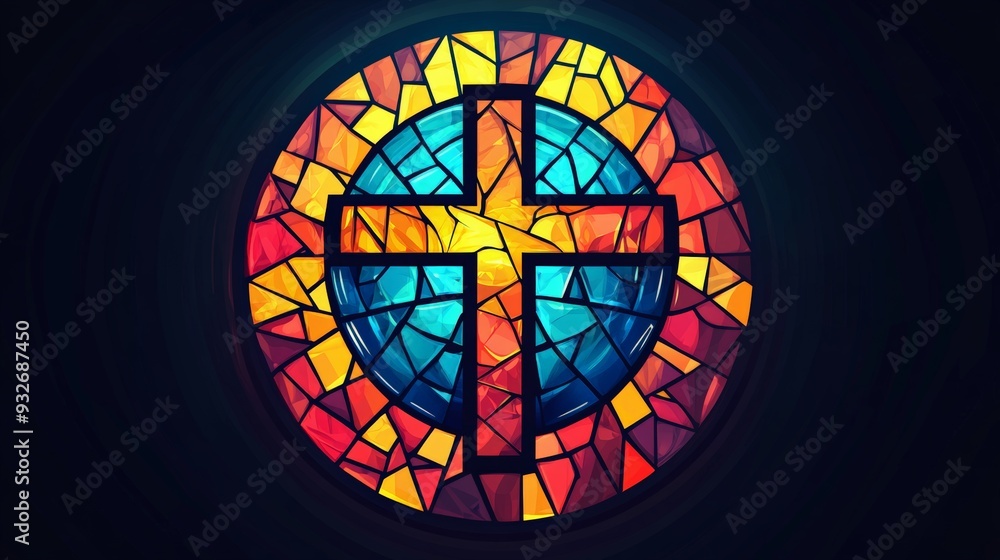 Vector logo of a circle, stained glass with a cross in the center, bright colors, modern, simple. Vector logo of a circle, stained glass with a cross in the center, bright colors, modern, simple.