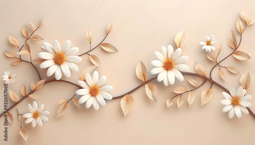 Obraz premium 3d cartoon colorful daisy flower branch with leaves on beige background vector illustration , high resolution, professional photograph, The ultrahighresolution 