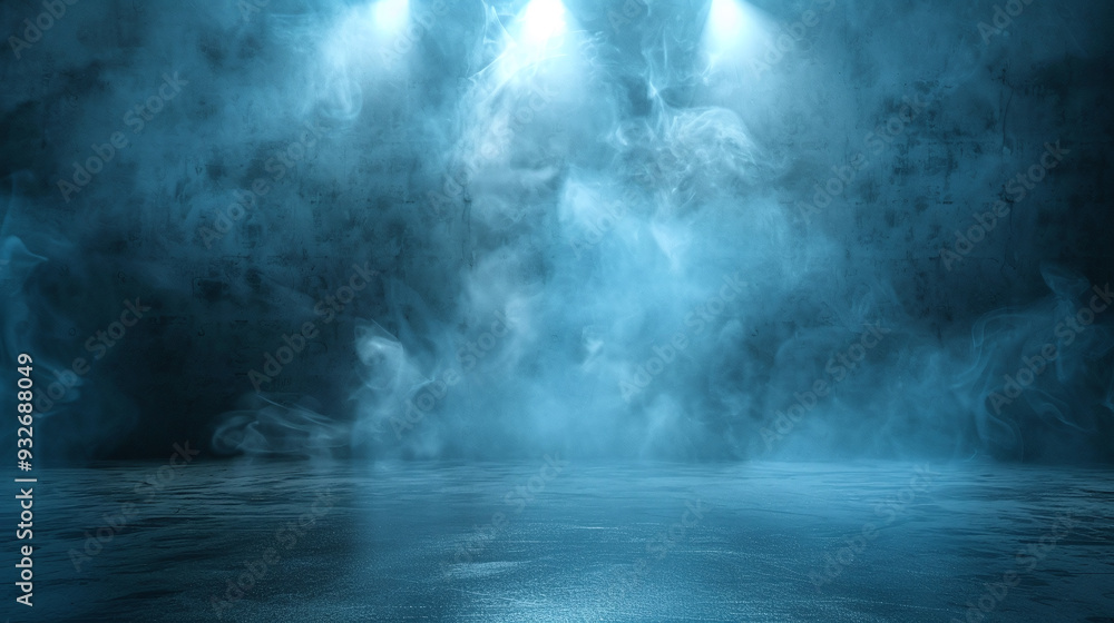 Fototapeta premium Empty Blue Stage with Spotlight and Smoke Effects: A Dramatic and Atmospheric Performance Space