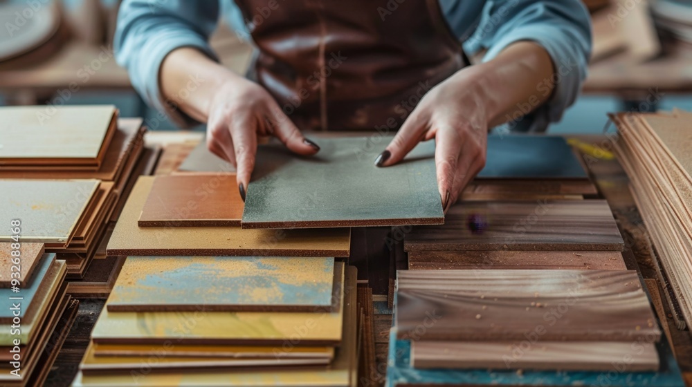 Carpenter Choosing Wood Samples. Carpenter Choosing Wood Samples.