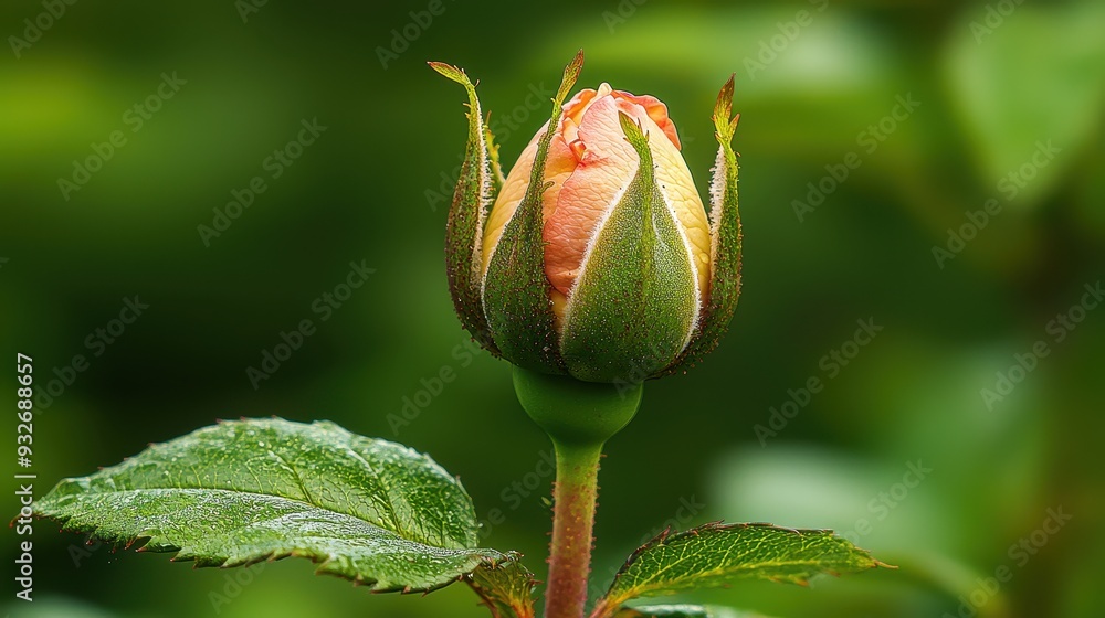 Closeup of a Single Pink Rose Bud with Green Leaves Closeup of a Single Pink Rose Bud with Green Leaves