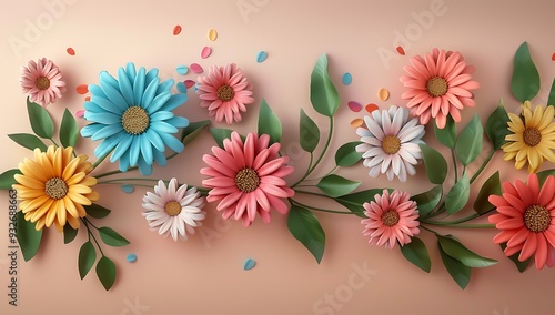 3d cartoon colorful daisy flower branch with leaves on beige background vector illustration , high resolution, professional photograph, The ultrahighresolution