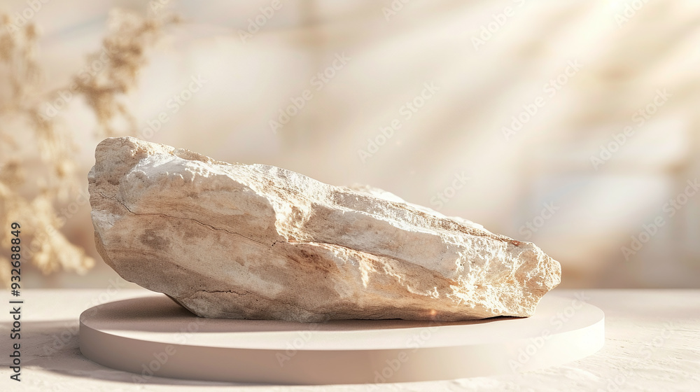 Obraz premium Solitary Large Rock on Smooth Surface with Rocky Background Illuminated by Sunlight for product placement or mockup.