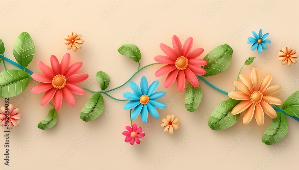 Obraz premium 3d cartoon colorful daisy flower branch with leaves on beige background vector illustration , high resolution, professional photograph, The ultrahighresolution 