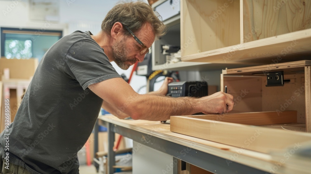 Carpenter working on wooden cabinet. Carpenter working on wooden cabinet.