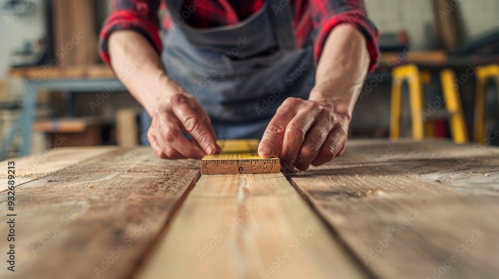 Carpenter Measuring Wood With Ruler. Carpenter Measuring Wood With Ruler.