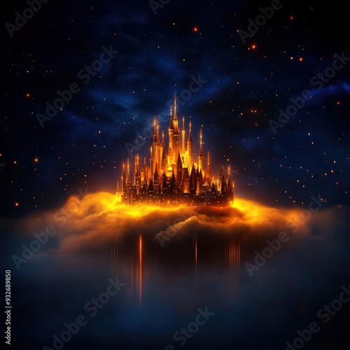 A magical castle rises above the clouds, glowing with warm hues against a starry night sky, evoking wonder and fantasy.