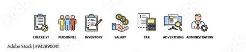 Cost reduction banner web icon set vector illustration concept with icon of checklist, personnel, inventory, salary, tax, advertising and administration icons symbol live stroke and easy to edit
