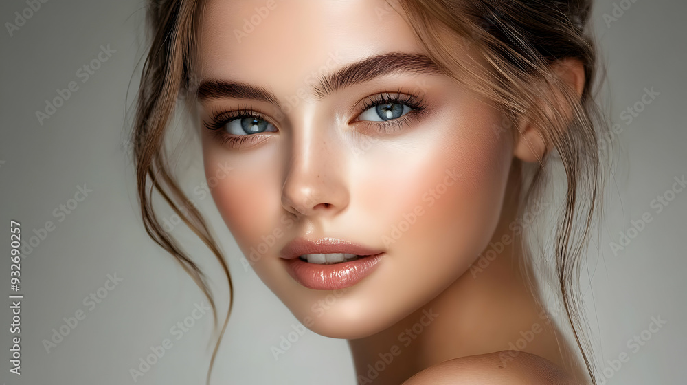 Portrait of a young woman with natural makeup and soft lighting. Portrait of a young woman with natural makeup and soft lighting.