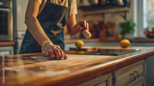 Woman's Hand Dusting Off Kitchen Counter. photo