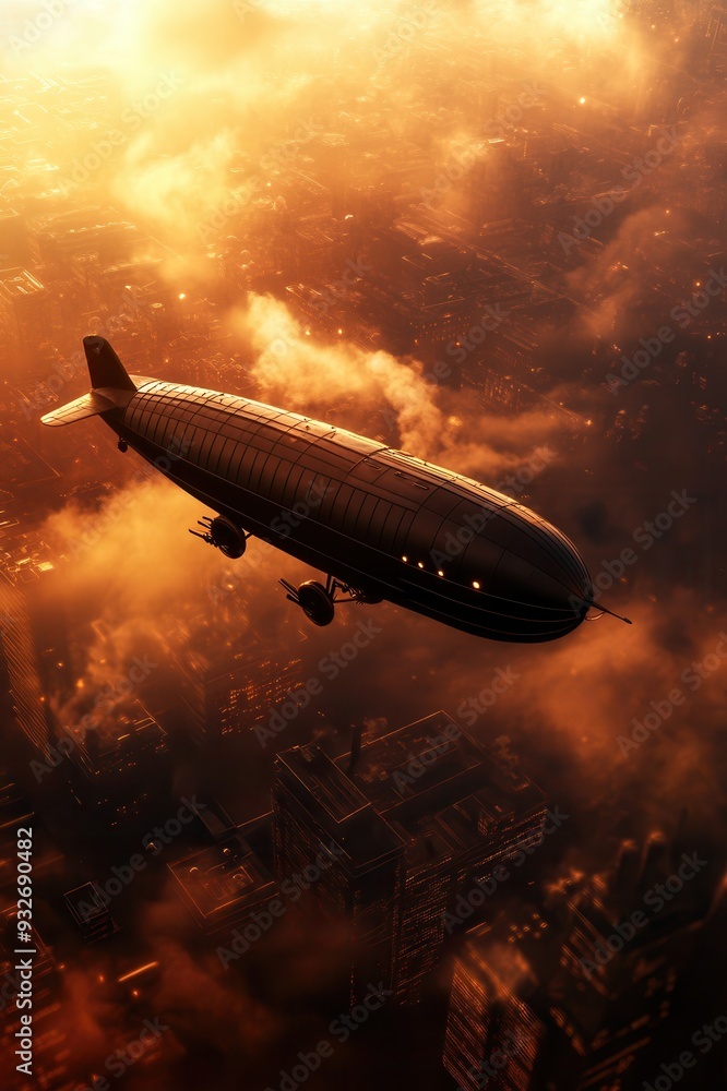 A majestic zeppelin glides through a sunset sky, surrounded by vibrant clouds, showcasing the beauty of vintage aviation. A majestic zeppelin glides through a sunset sky, surrounded by vibrant clouds, showcasing the beauty of vintage aviation.