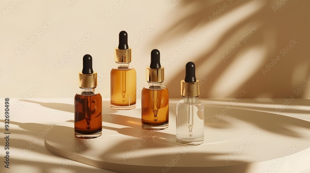 Skincare packaging concept. Dropper bottles mockup on beige background. Skincare packaging concept. Dropper bottles mockup on beige background.