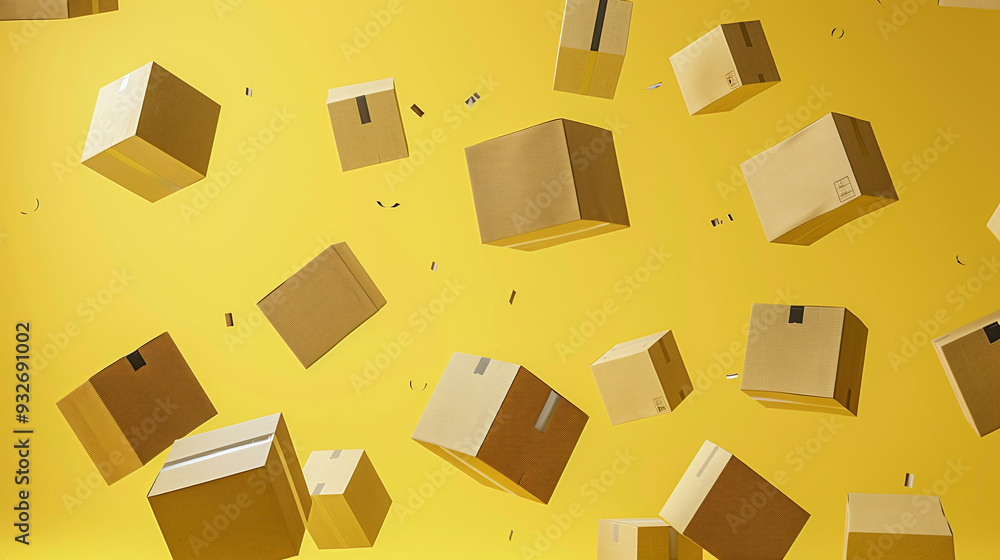 Floating Cardboard Boxes on a Bright Yellow Background - Abstract Concept of Shipping and Logistics Floating Cardboard Boxes on a Bright Yellow Background - Abstract Concept of Shipping and Logistics