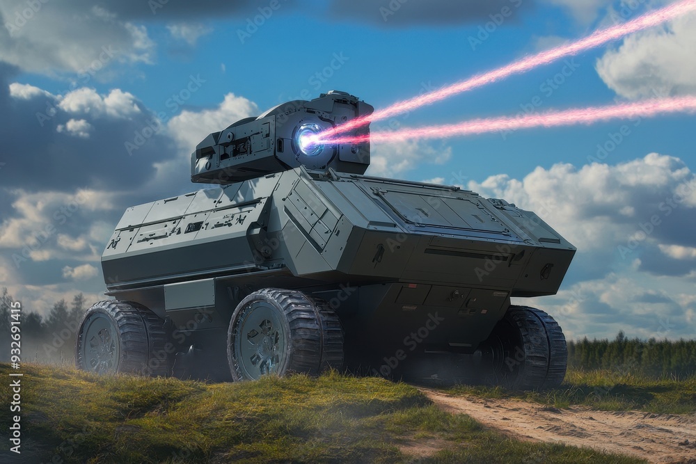 Fototapeta premium Futuristic tank equipped with laser technology, showcasing advanced military capabilities in a dynamic landscape.