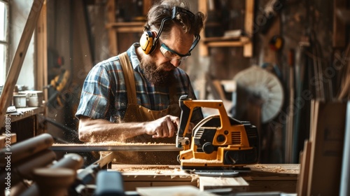 Carpenter Working with Wood and Power Tools.