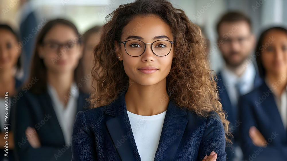 Professional group portrait with a confident woman in front. Professional group portrait with a confident woman in front.