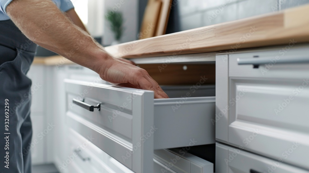 Close Up of Man's Hand Opening Kitchen Drawer. Close Up of Man's Hand Opening Kitchen Drawer.