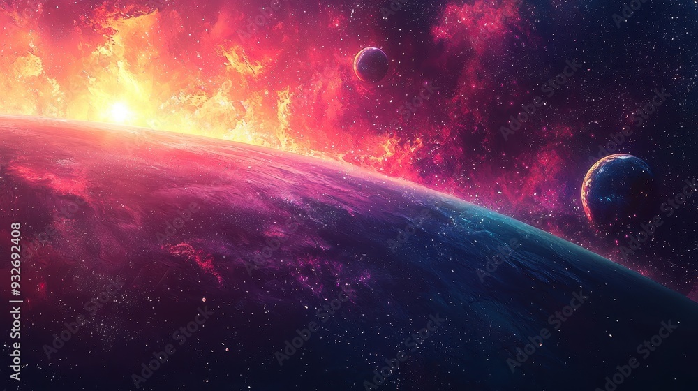 Obraz premium Cosmic Landscape with Planets Nebula and Stars