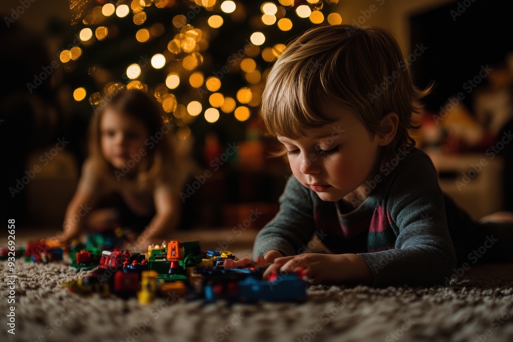 Children playing with their new toys, highlighting the joy and energy of Christmas Day. Children playing with their new toys, highlighting the joy and energy of Christmas Day.