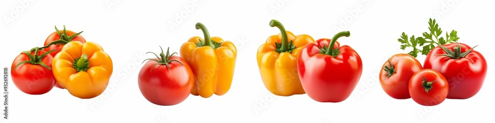 A vibrant selection of fresh vegetables, featuring ripe red tomatoes and yellow and red bell peppers, isolated on a white background. A vibrant selection of fresh vegetables, featuring ripe red tomatoes and yellow and red bell peppers, isolated on a white background.