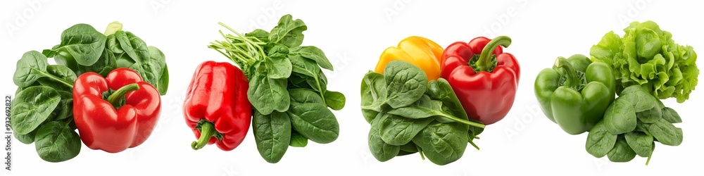 Fototapeta premium A vibrant assortment of fresh vegetables featuring red, yellow, and green bell peppers, paired with leafy spinach and lettuce, isolated on a white background.