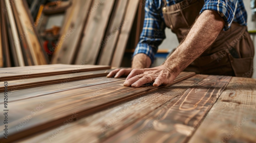 Carpenter's Hand Checking Wood Quality. Carpenter's Hand Checking Wood Quality.