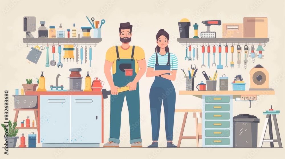Handyman Couple In Workshop. Handyman Couple In Workshop.