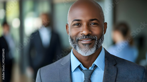 Professional man smiling in a business environment.