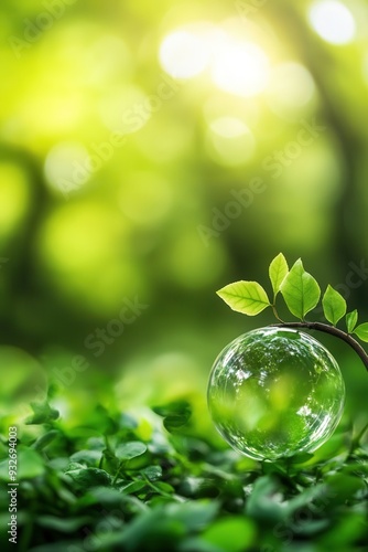 A serene green landscape featuring lush leaves and a glass orb reflecting nature's beauty in soft sunlight.