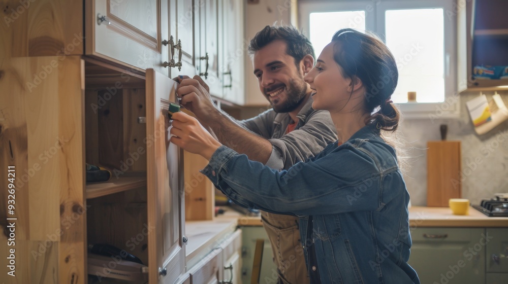 Young Couple Assembling Kitchen Cabinets. Young Couple Assembling Kitchen Cabinets.