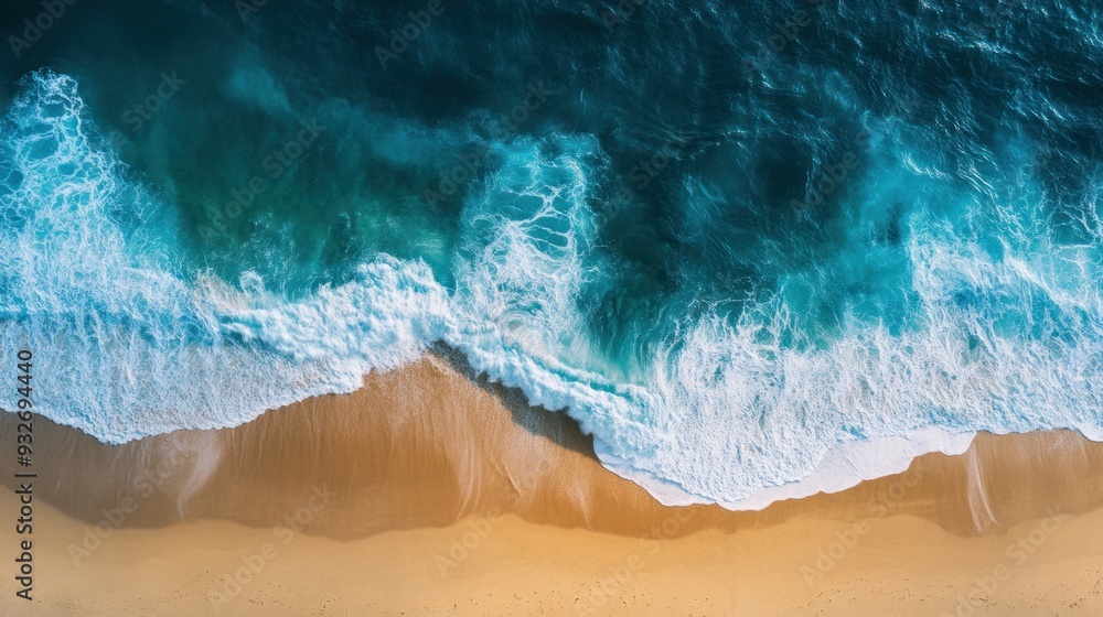 Obraz premium Aerial View of Ocean Waves Crashing on Sandy Beach