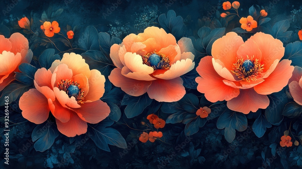 Floral Pattern with Peach Flowers on Dark Blue Background Floral Pattern with Peach Flowers on Dark Blue Background