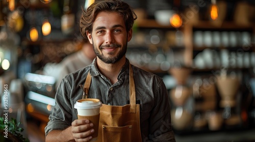 baristholding cappuccino standing by counter bartender in apron preparing coffee drink