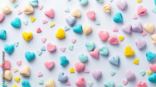 Bright pastel candy hearts scattered on white background