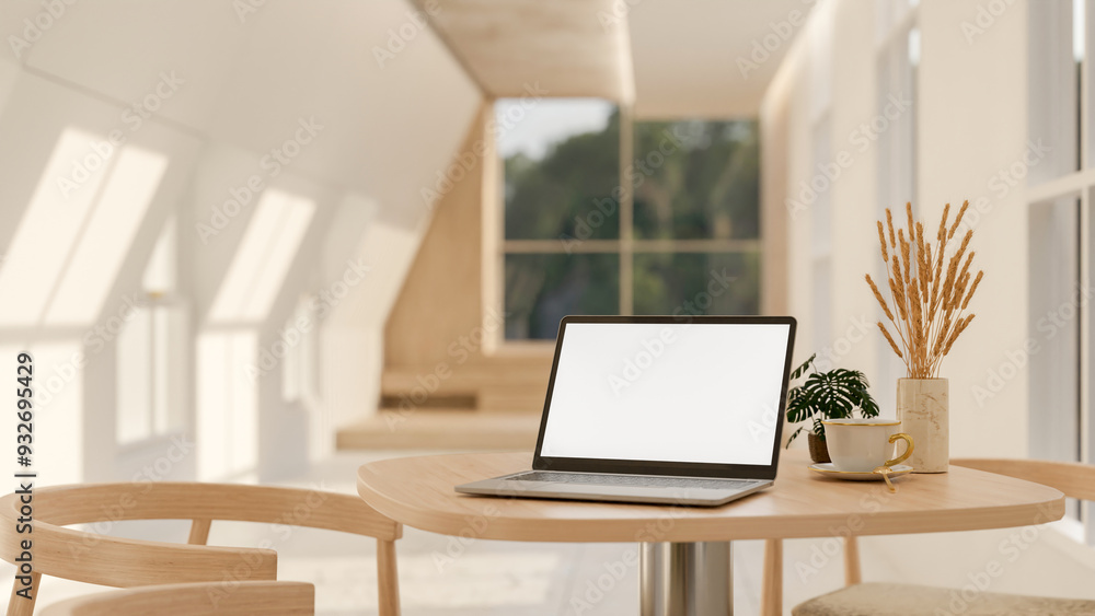 Fototapeta premium A laptop with a white-screen mockup on a wooden table in a contemporary minimalist room.