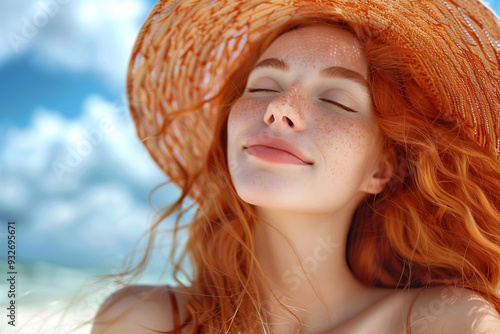 A woman with red hair is wearing a straw hat and smiling. She is enjoying the sun and the beach