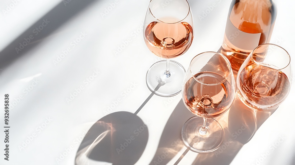 Two glasses of rose wine and a bottle on white surface with sunlight shadow. Two glasses of rose wine and a bottle on white surface with sunlight shadow.